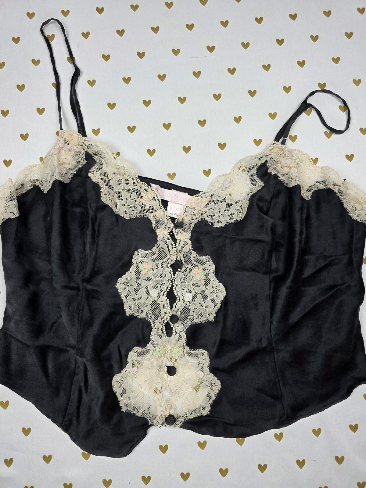 Victorias Secret Black VINTAGE SILK Babydoll Tank Top Cropped Lace LARGE