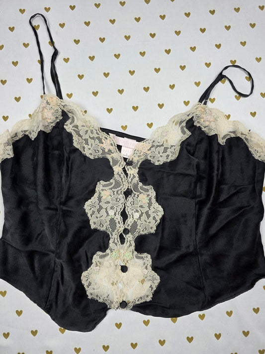 Victorias Secret Black VINTAGE SILK Babydoll Tank Top Cropped Lace LARGE