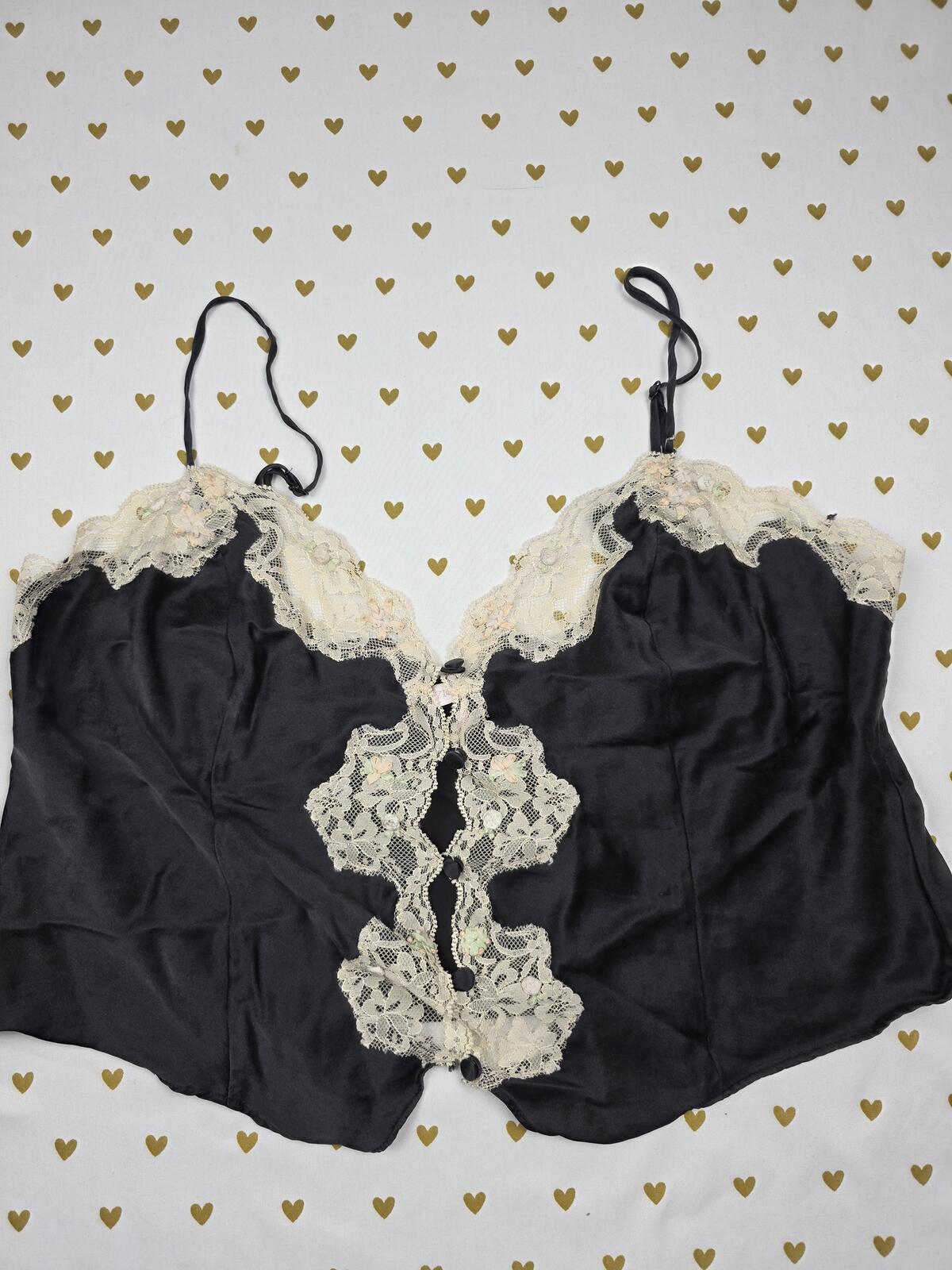 Victorias Secret Black VINTAGE SILK Babydoll Tank Top Cropped Lace LARGE