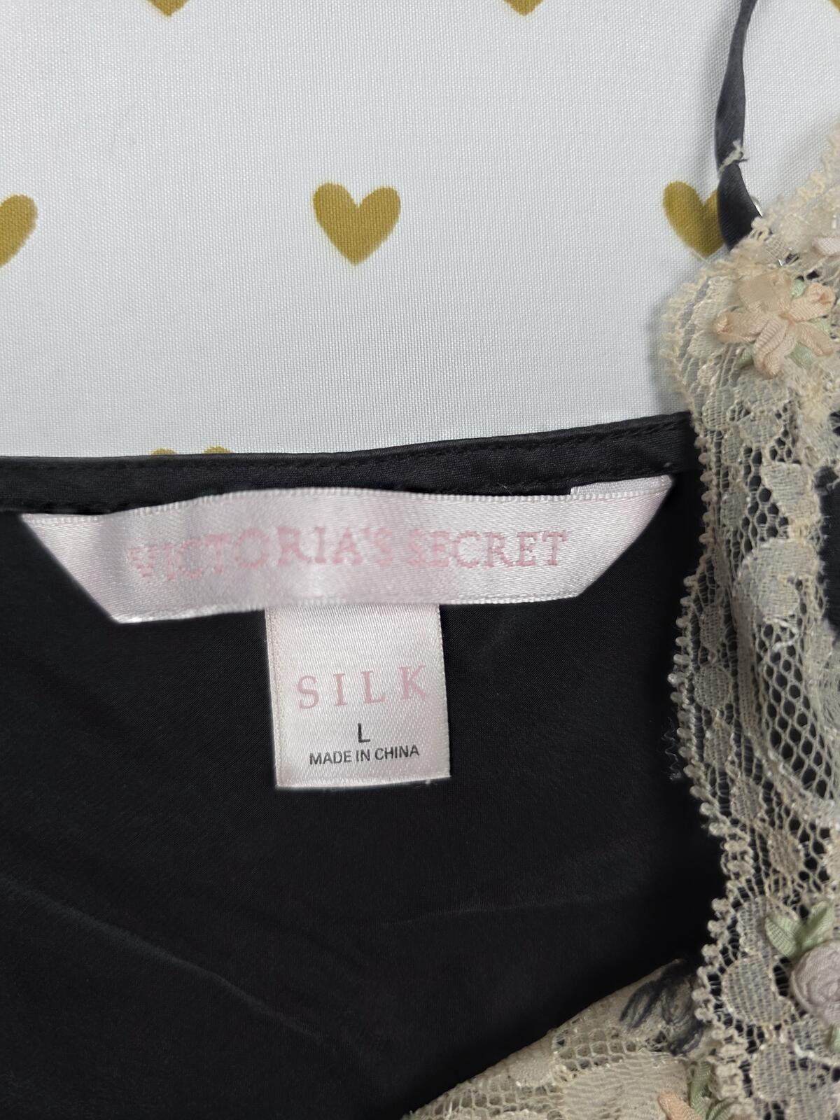 Victorias Secret Black VINTAGE SILK Babydoll Tank Top Cropped Lace LARGE