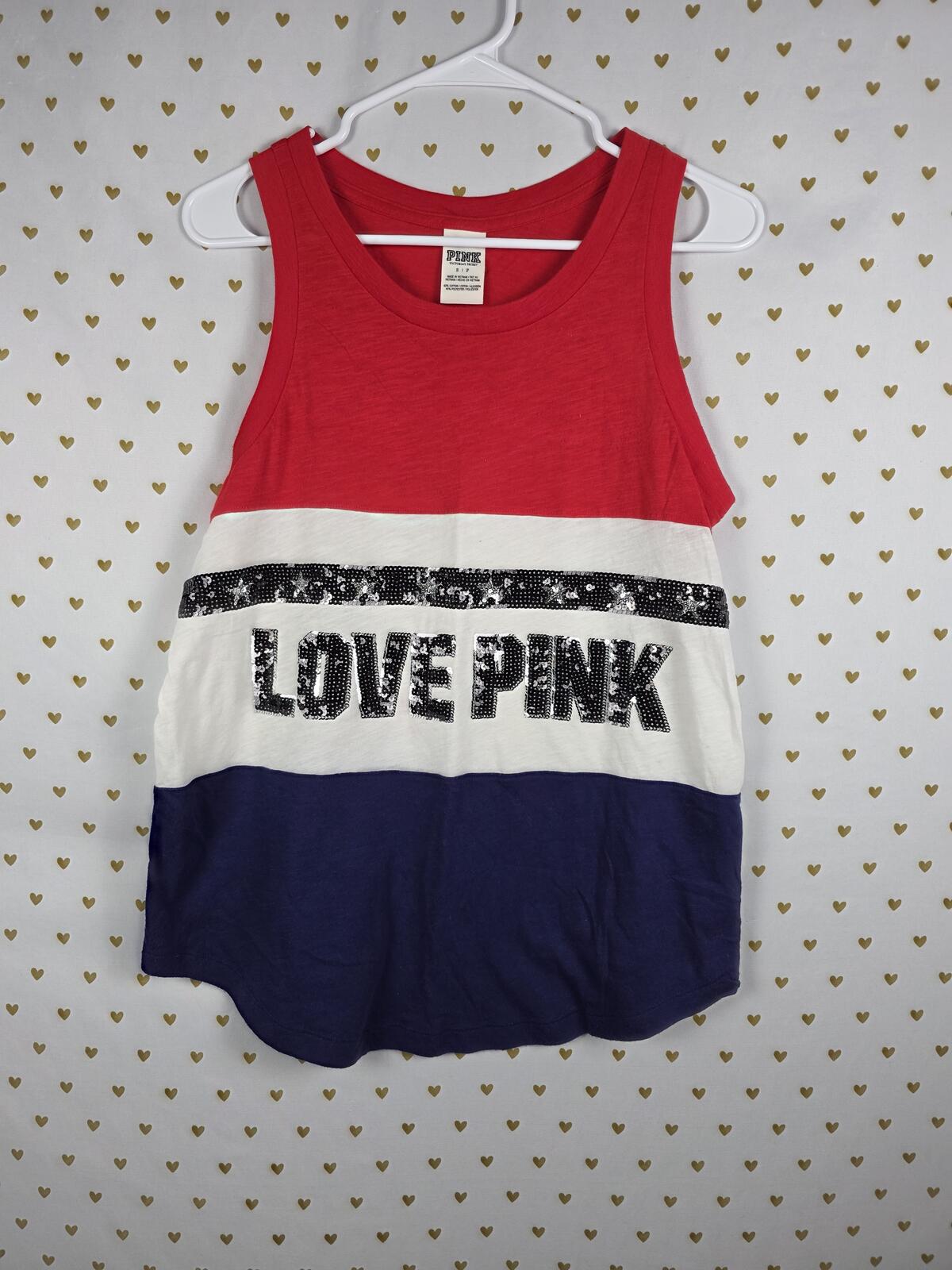 Victorias Secret PINK LOVE Usa RED WHITE BLUE Bling Tank Top SMALL