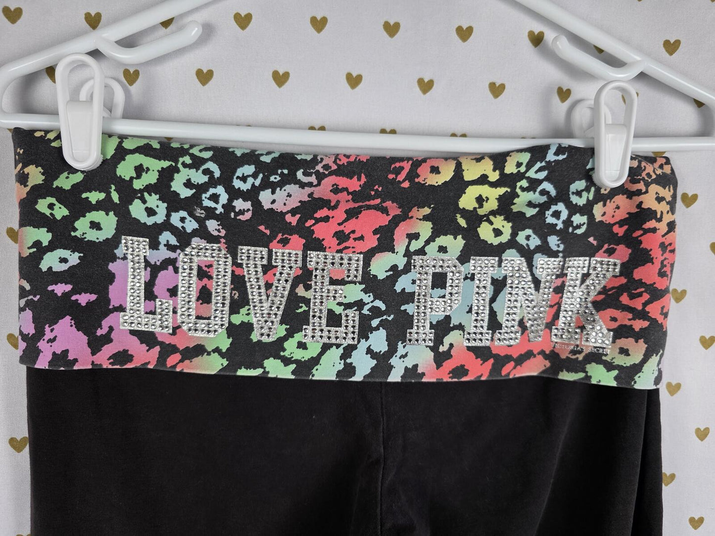 Victorias Secret PINK RAINBOW LEOPARD CHEETAH BLING FOLDOVER Yoga Pants SMALL