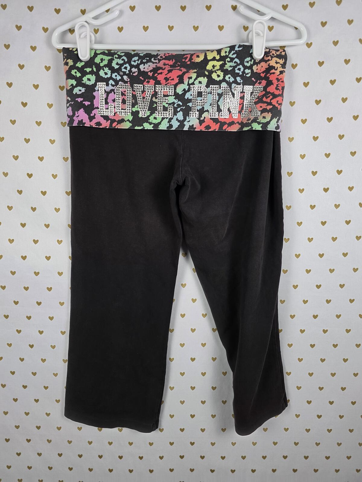 Victorias Secret PINK RAINBOW LEOPARD CHEETAH BLING FOLDOVER Yoga Pants SMALL