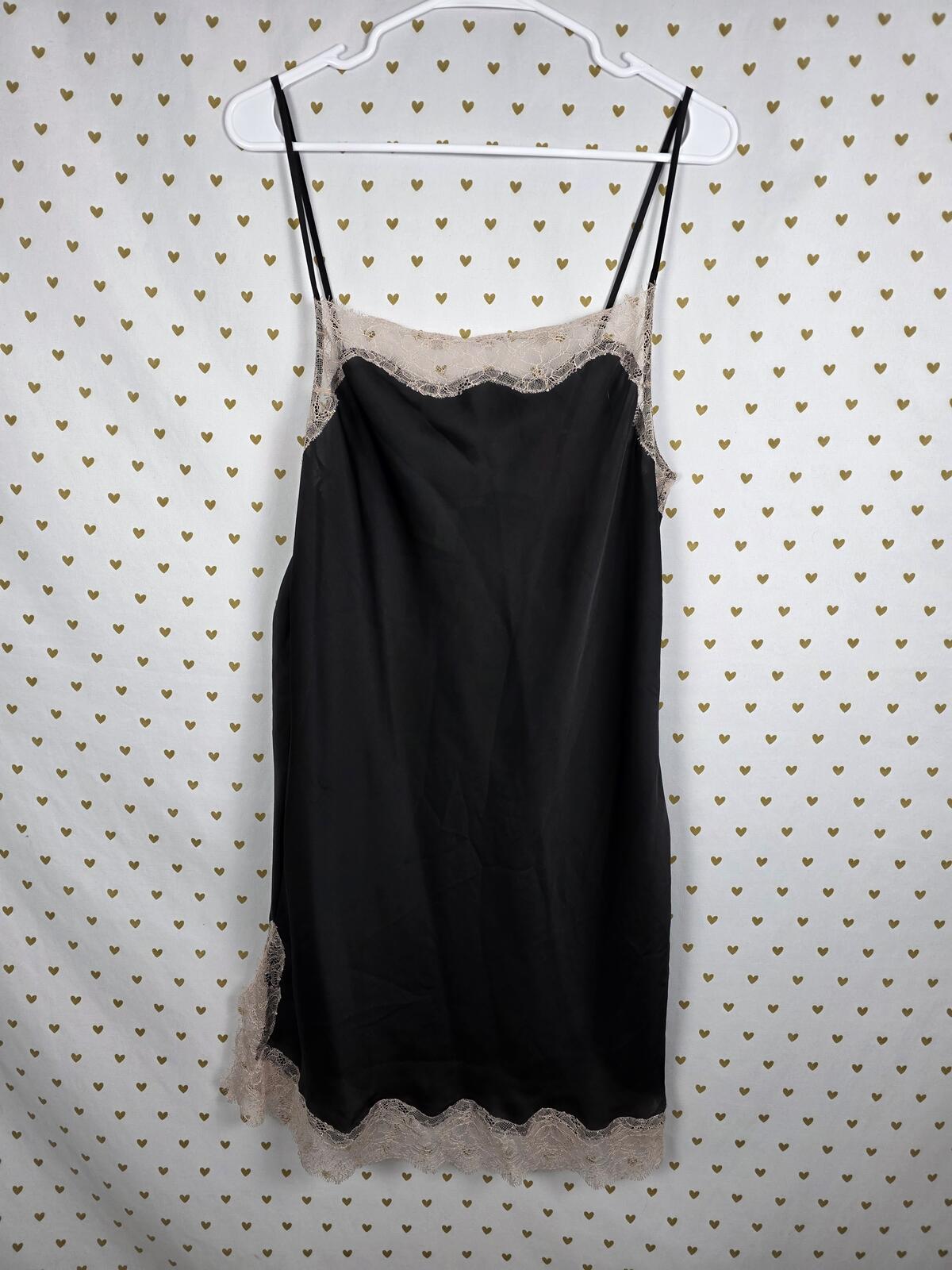 Victorias Secret Black Satin Slip Dress Lace Accent Nightie Lingerie LARGE