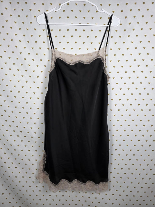 Victorias Secret Black Satin Slip Dress Lace Accent Nightie Lingerie LARGE