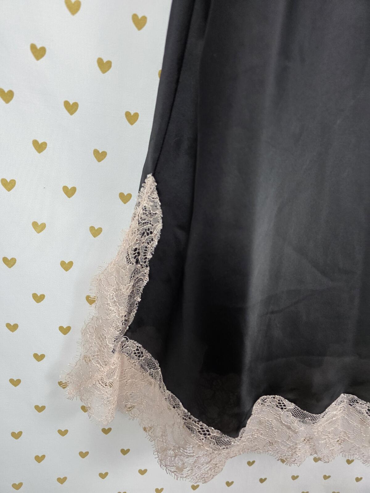 Victorias Secret Black Satin Slip Dress Lace Accent Nightie Lingerie LARGE