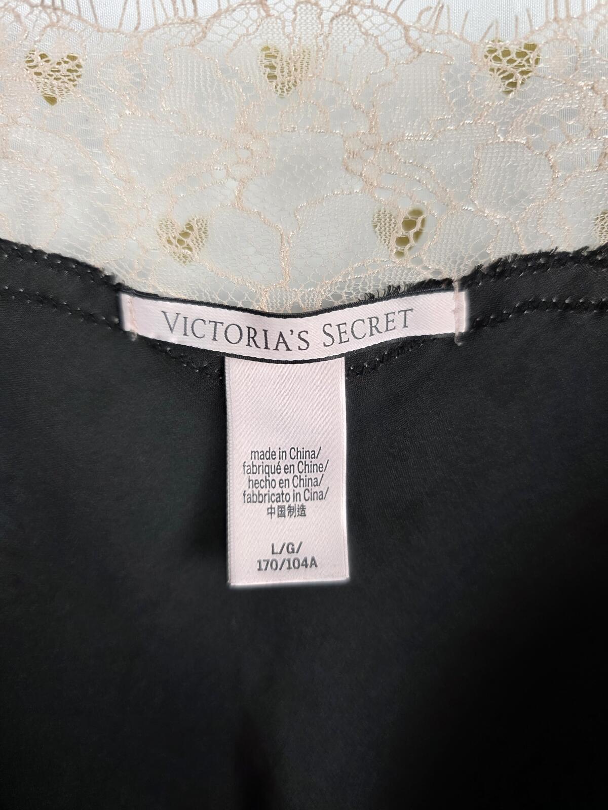 Victorias Secret Black Satin Slip Dress Lace Accent Nightie Lingerie LARGE