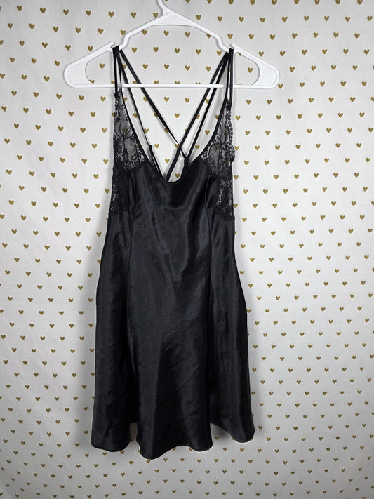 Victorias Secret Vintage Heart Label Small Black Nightie Satin Slip Dress