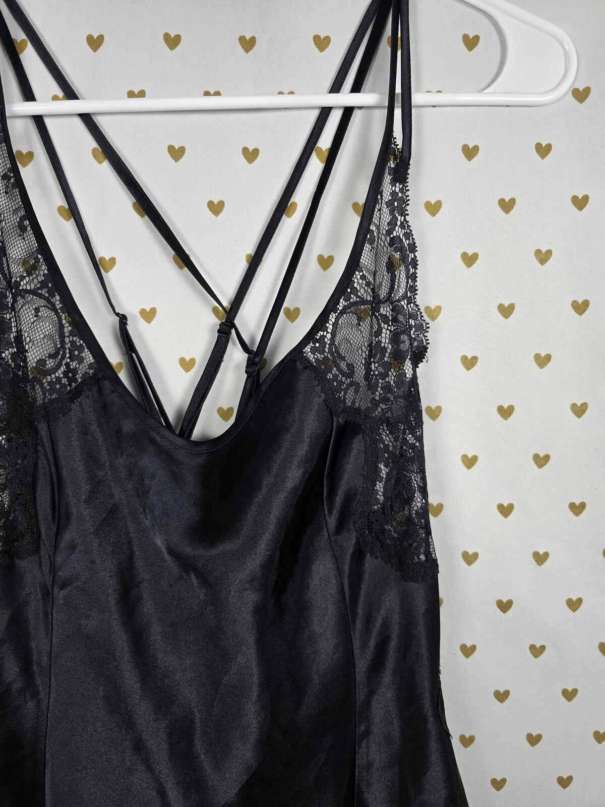 Victorias Secret Vintage Heart Label Small Black Nightie Satin Slip Dress