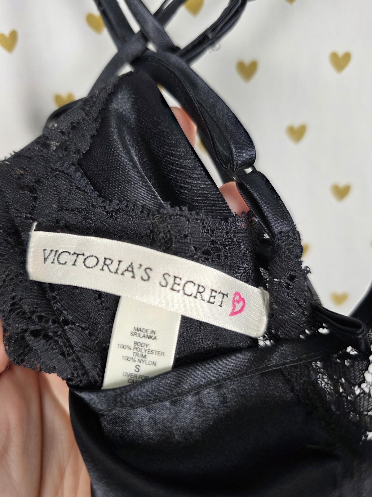 Victorias Secret Vintage Heart Label Small Black Nightie Satin Slip Dress