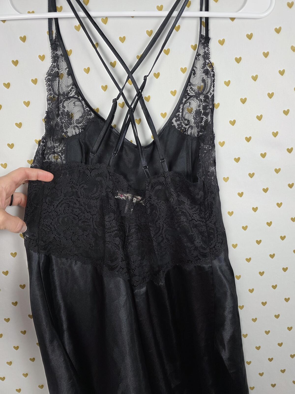 Victorias Secret Vintage Heart Label Small Black Nightie Satin Slip Dress