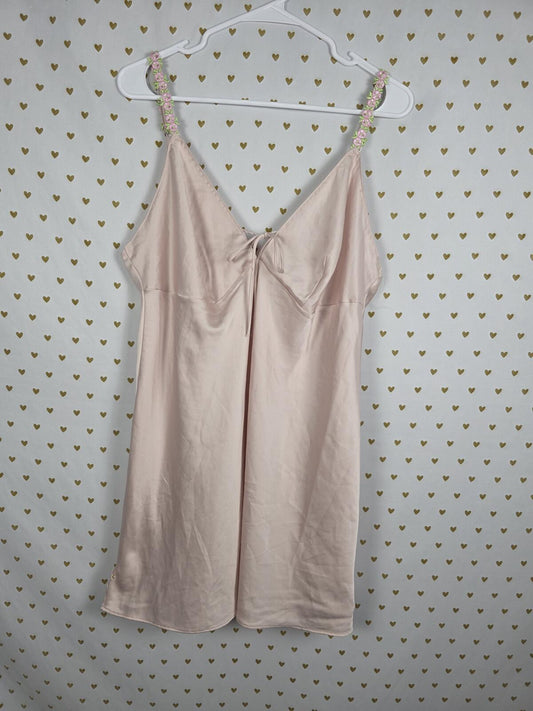 Victorias Secret Sexy Satin Floral Accent Slip Dress Nightie Tie Front Lingerie