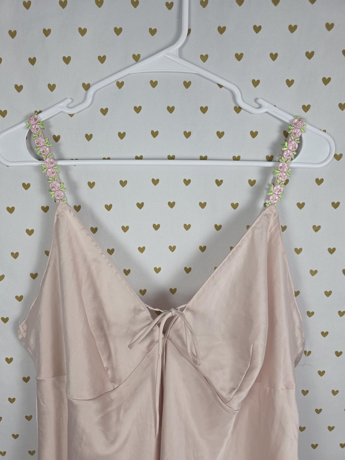 Victorias Secret Sexy Satin Floral Accent Slip Dress Nightie Tie Front Lingerie