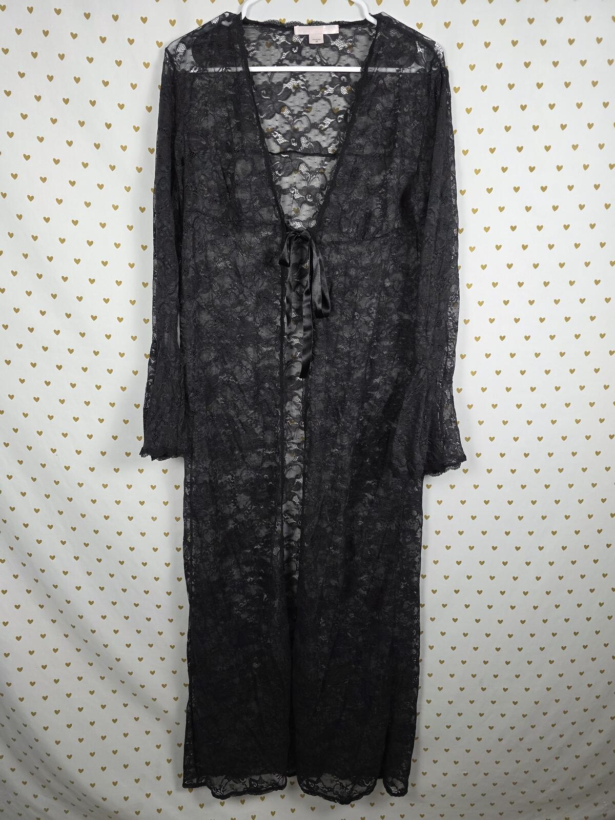 Victorias Secret Long Vintage Stretchy Lace Ruffled Robe Tie Front Black MEDIUM