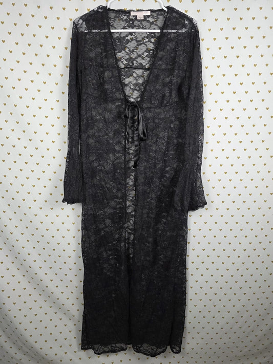 Victorias Secret Long Vintage Stretchy Lace Ruffled Robe Tie Front Black MEDIUM