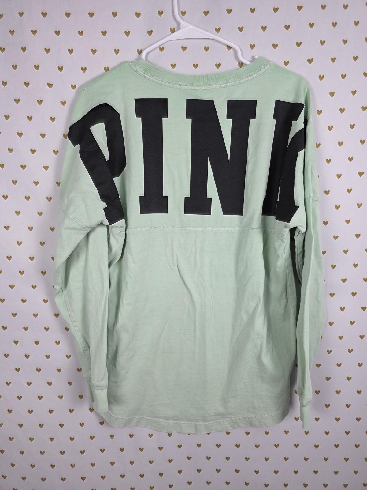 Victorias Secret PINK Oversized Logo Campus Long Sleeve Tee Shirt Mint SMALL