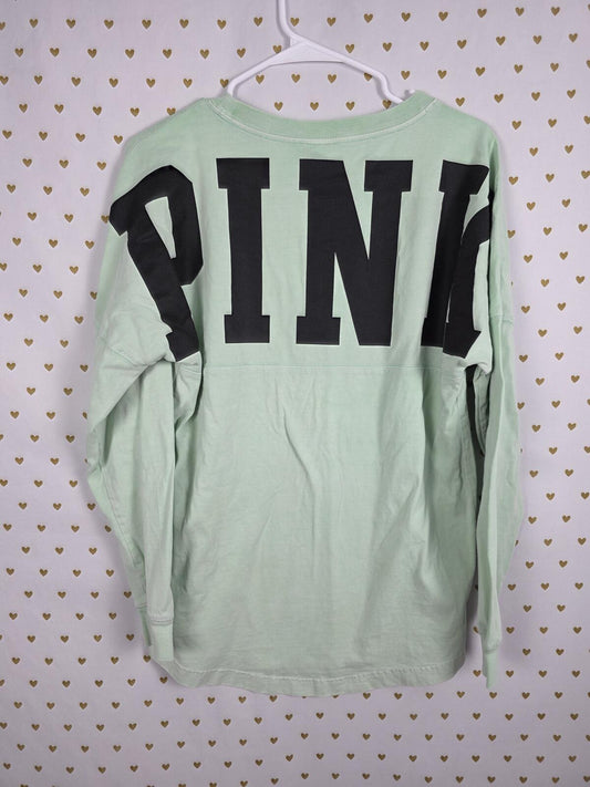 Victorias Secret PINK Oversized Logo Campus Long Sleeve Tee Shirt Mint SMALL
