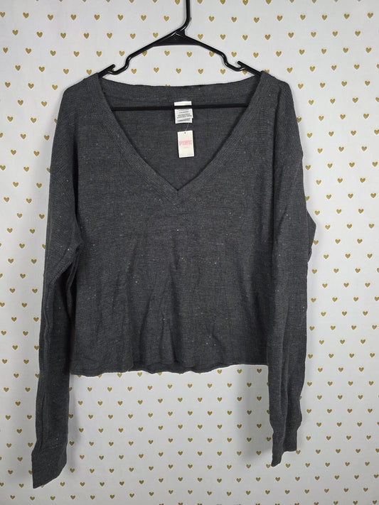 Victorias Secret PINK Waffle Thermal Long Sleeve Grey NEW NWT V neck Shirt L