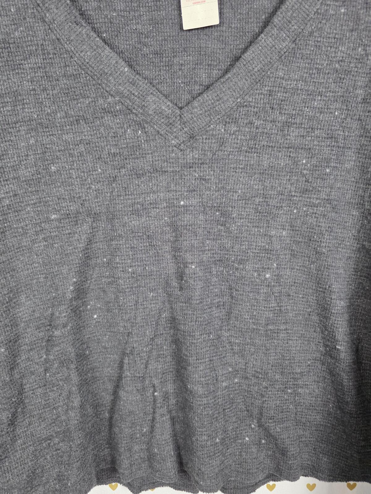Victorias Secret PINK Waffle Thermal Long Sleeve Grey NEW NWT V neck Shirt L