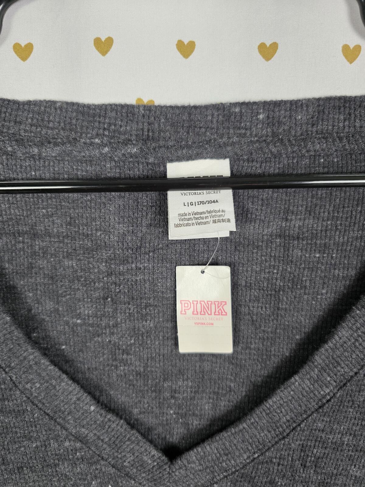 Victorias Secret PINK Waffle Thermal Long Sleeve Grey NEW NWT V neck Shirt L