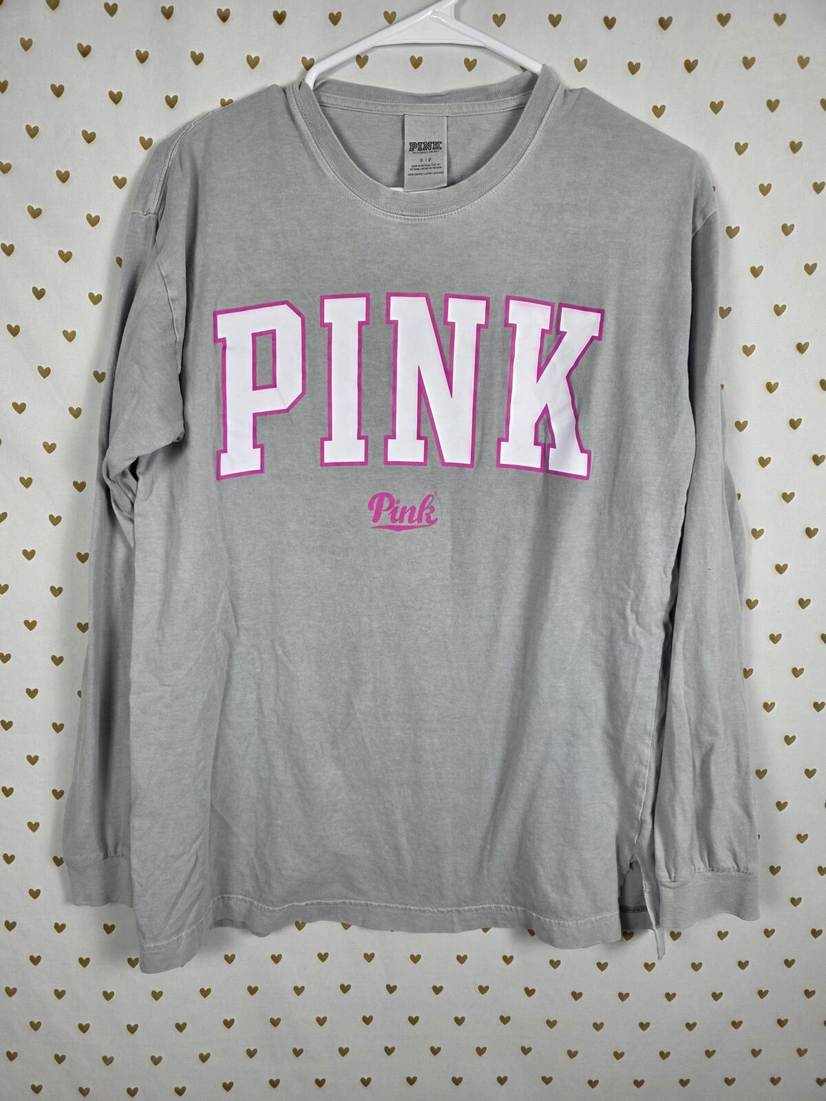 Victorias Secret PINK Grey Long Sleeve Campus Tee Shirt Logo Oversized SMALL