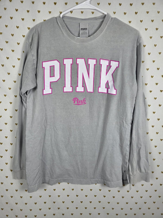 Victorias Secret PINK Grey Long Sleeve Campus Tee Shirt Logo Oversized SMALL