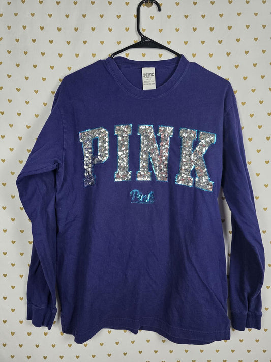 Victorias Secret PINK LONG SLEEVE BLING Sequined Logo Tee Shirt Blue MEDIUM