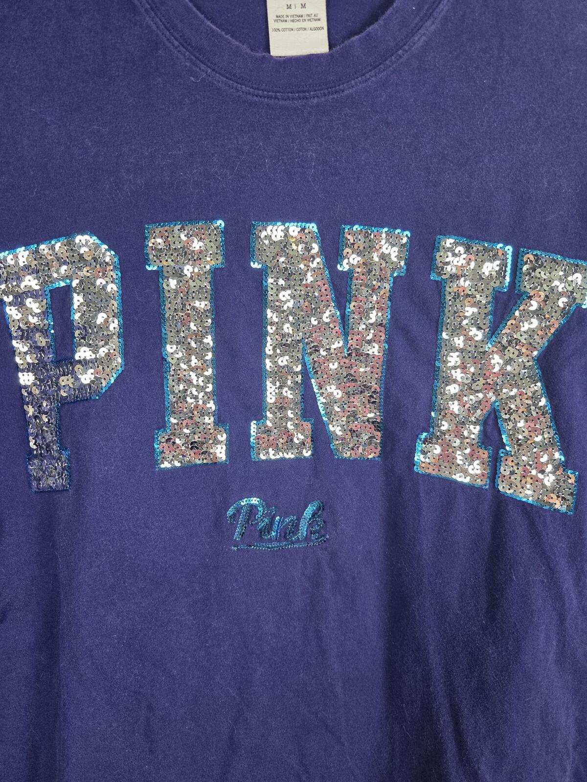 Victorias Secret PINK LONG SLEEVE BLING Sequined Logo Tee Shirt Blue MEDIUM