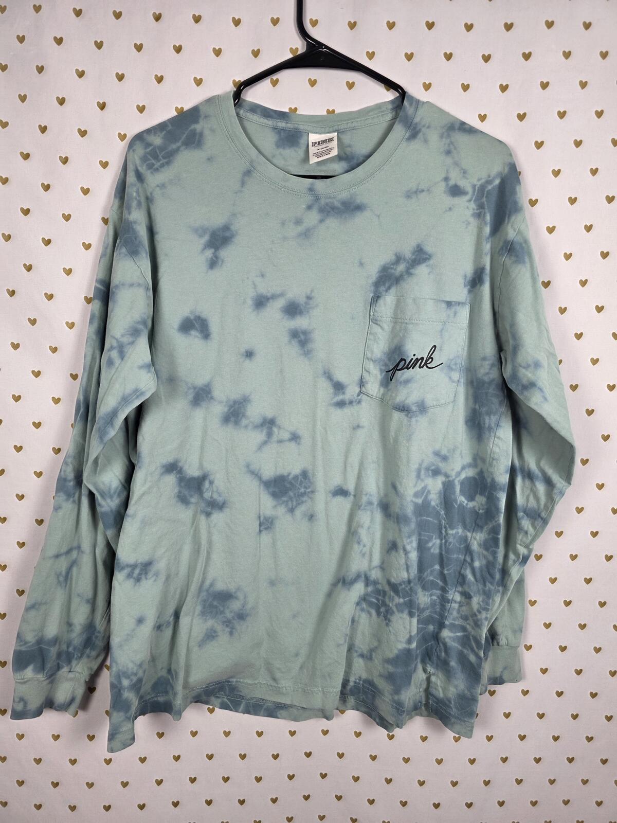Victorias Secret PINK Tye Dye Logo campus Long Sleeve Tee shirt Pocket Medium