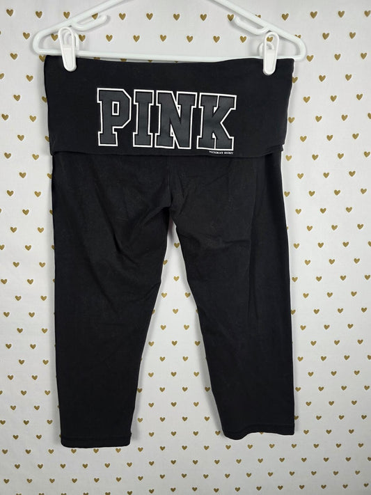 Victorias Secret PINK Capri FOLDOVER YOGA PANTS Black Logo MEDIUM