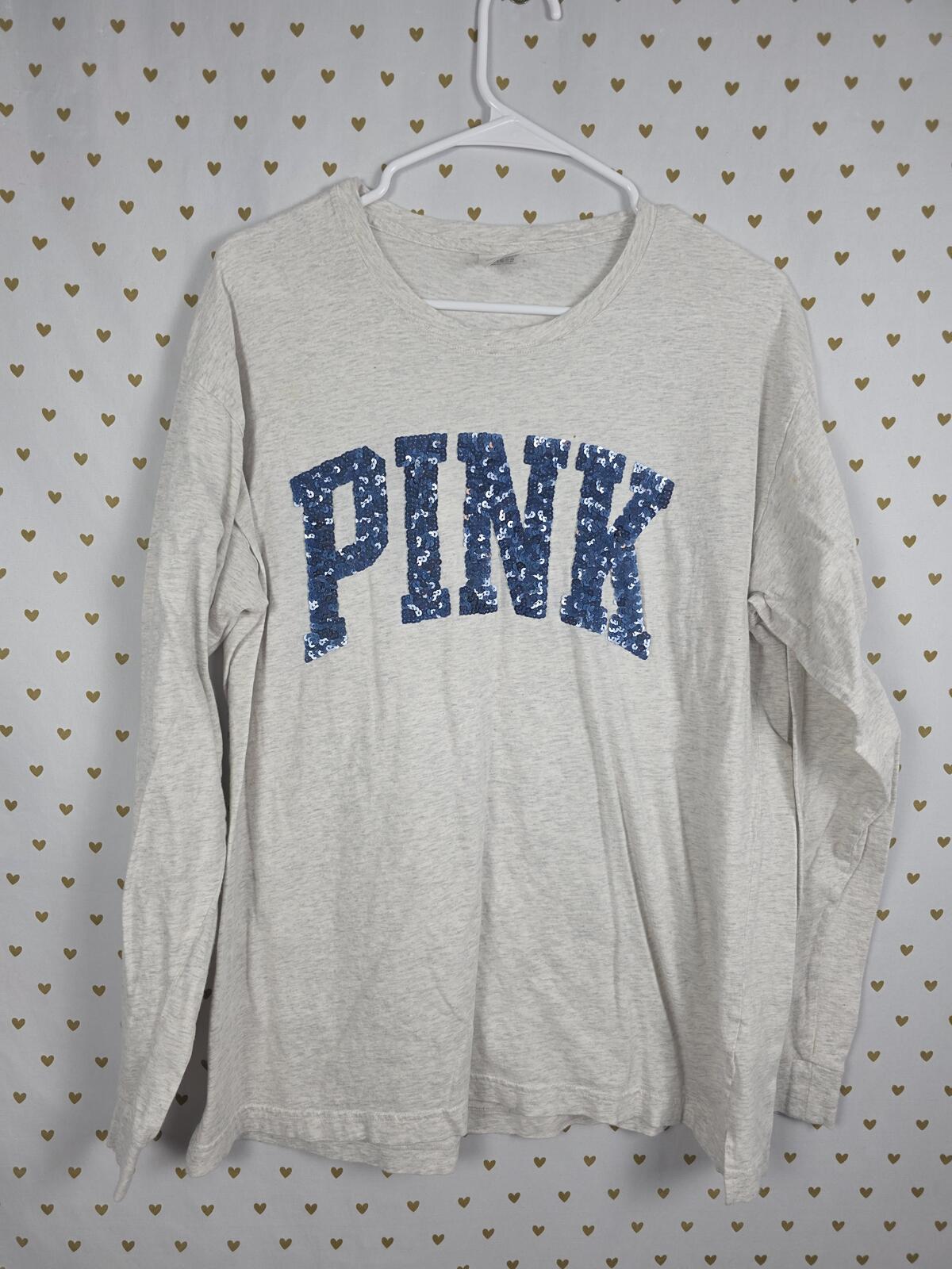 Victorias Secret PINK Long Sleeve Blue BLING SEQUINED Tee Shirt Grey LARGE