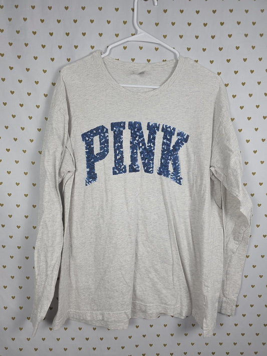 Victorias Secret PINK Long Sleeve Blue BLING SEQUINED Tee Shirt Grey LARGE