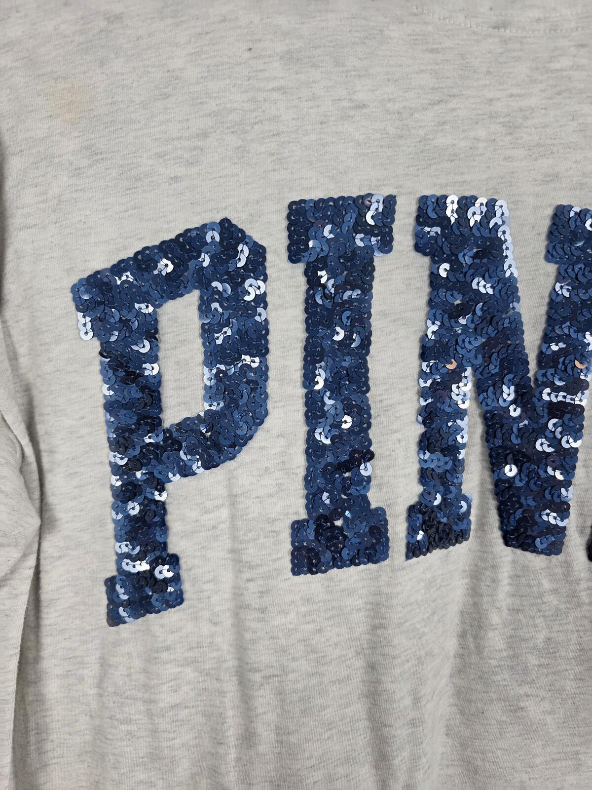 Victorias Secret PINK Long Sleeve Blue BLING SEQUINED Tee Shirt Grey LARGE