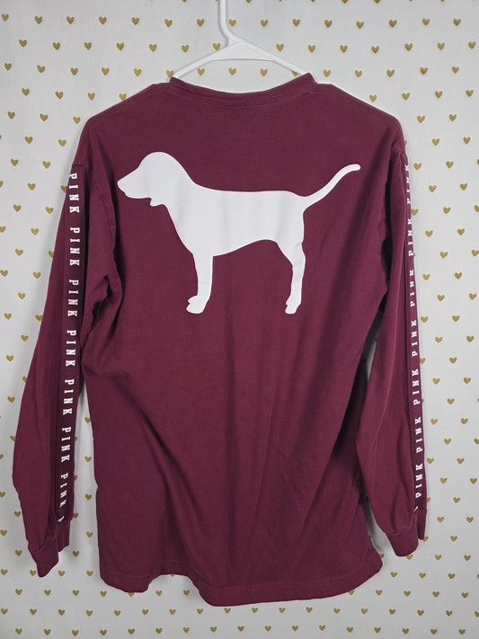 Victorias Secret PINK Dog Logo Campus tee shirt Long Sleeve Maroon Small