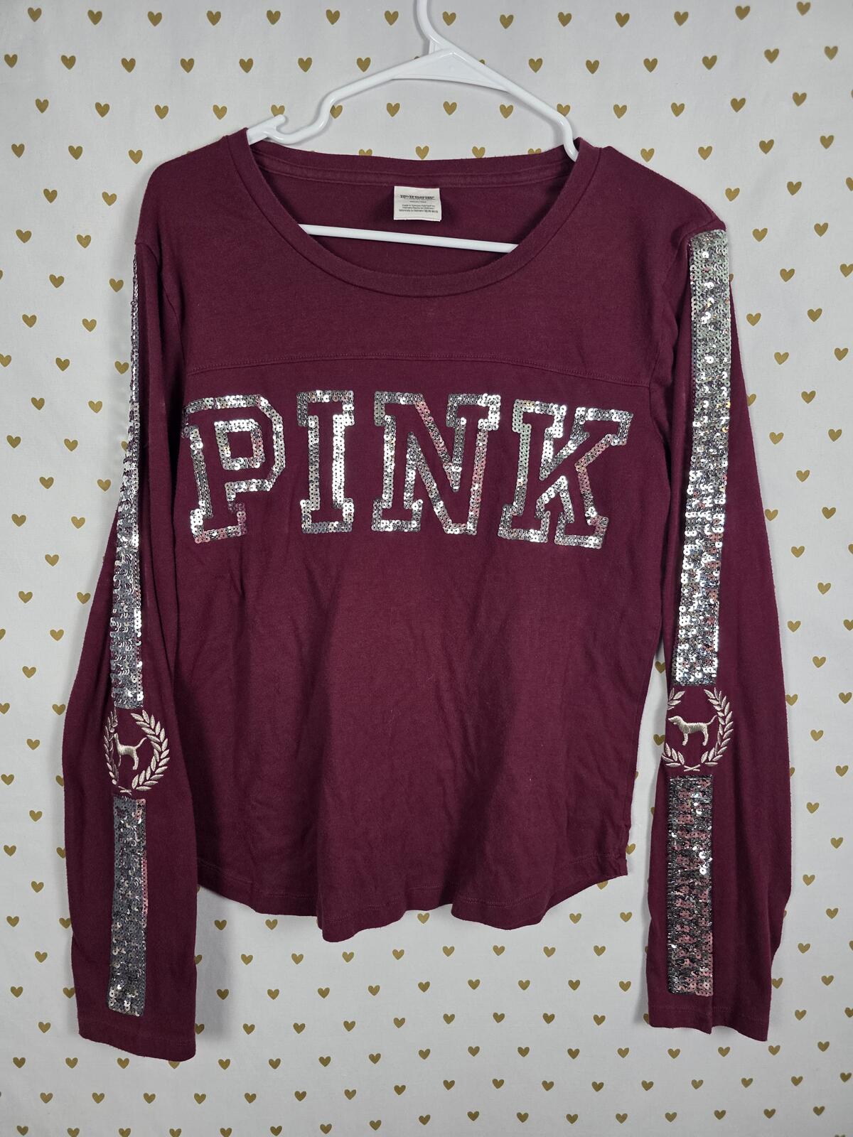 Victorias Secret PINK BLING Long Sleeve Logo Sequined Tee Shirt Maroon MEDIUM
