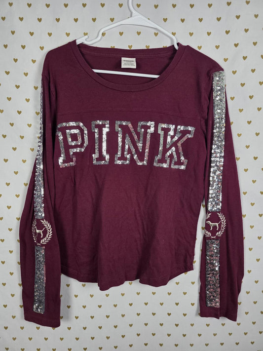 Victorias Secret PINK BLING Long Sleeve Logo Sequined Tee Shirt Maroon MEDIUM