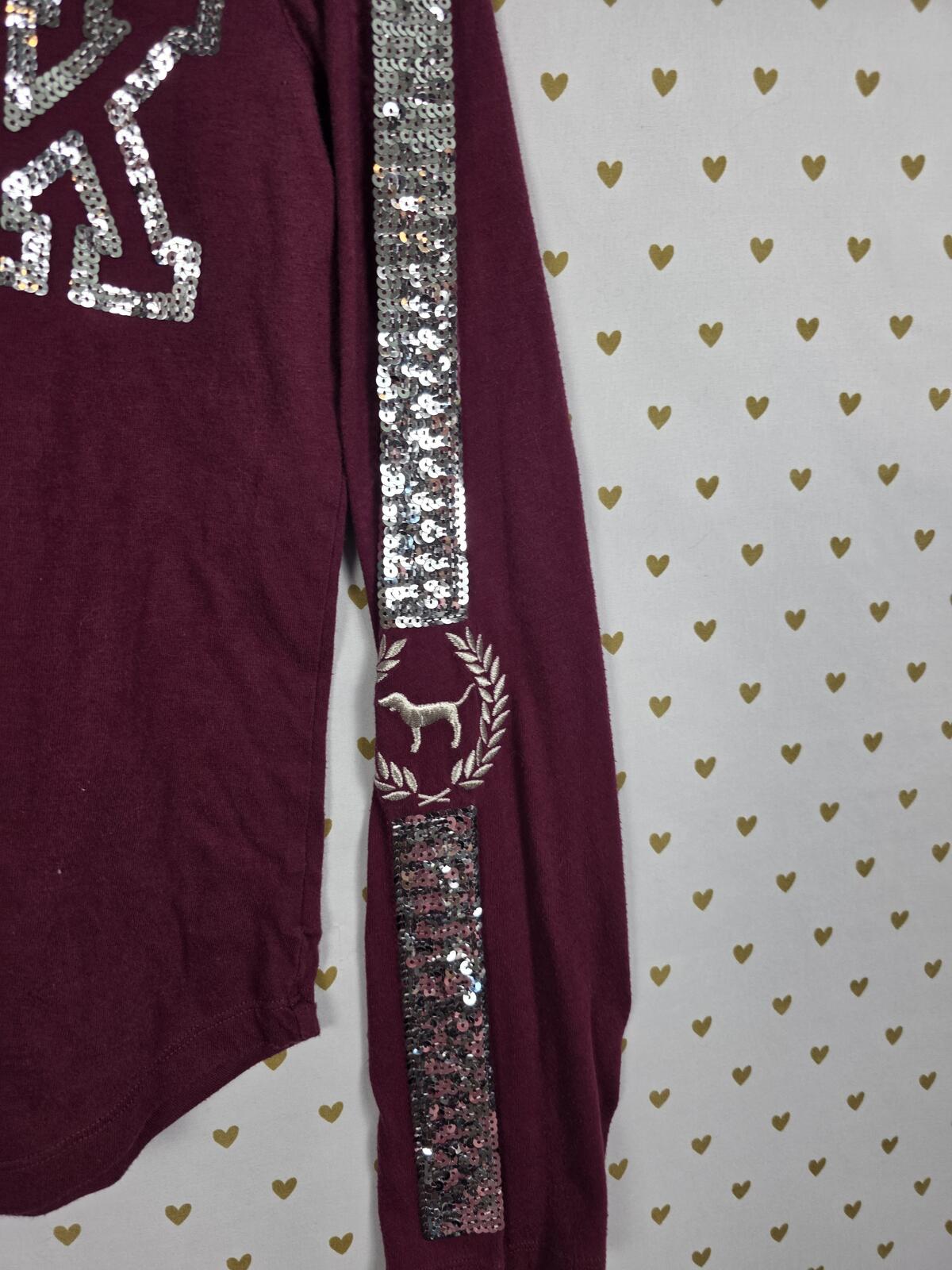 Victorias Secret PINK BLING Long Sleeve Logo Sequined Tee Shirt Maroon MEDIUM