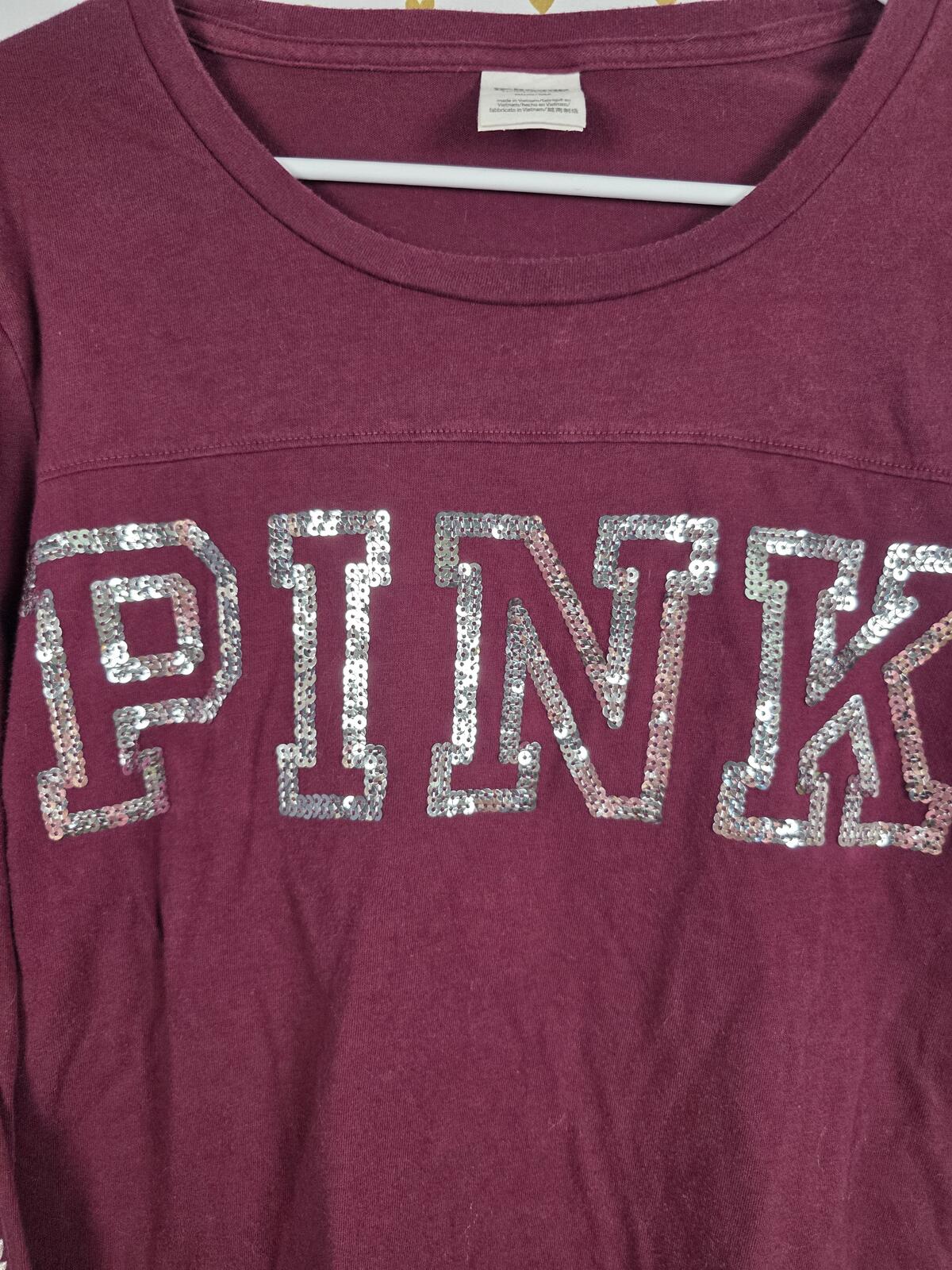 Victorias Secret PINK BLING Long Sleeve Logo Sequined Tee Shirt Maroon MEDIUM