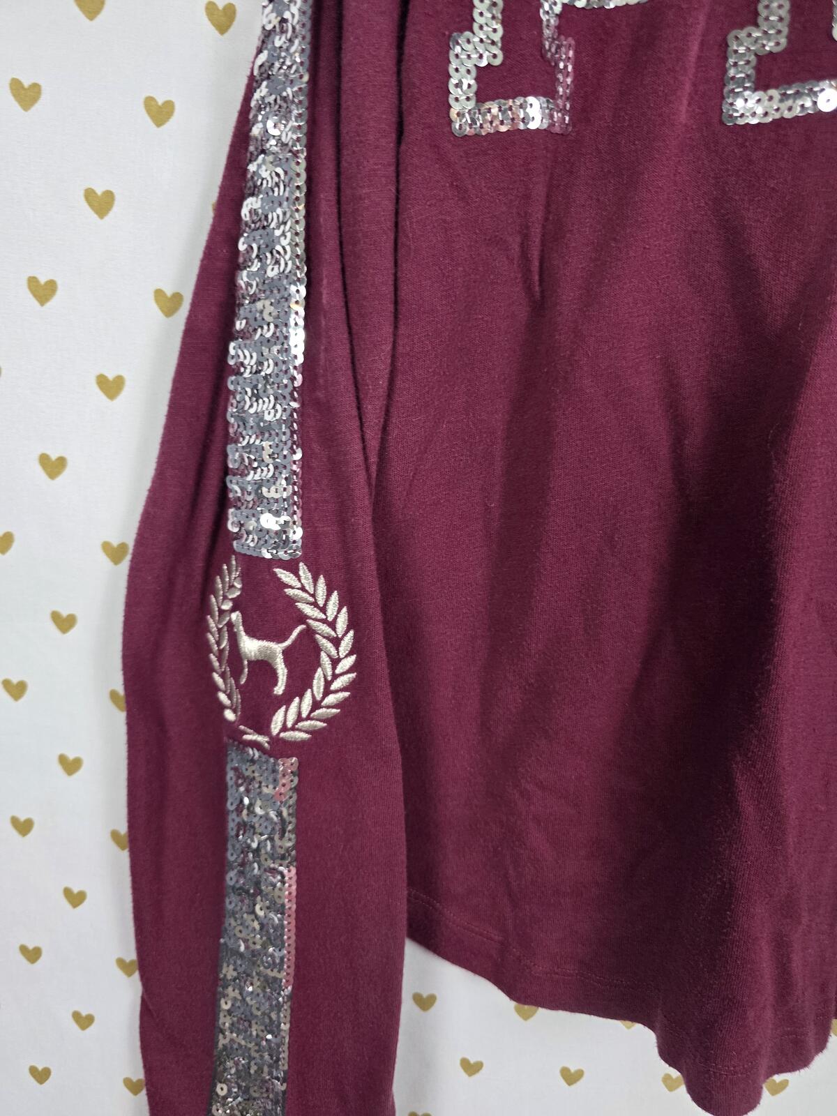 Victorias Secret PINK BLING Long Sleeve Logo Sequined Tee Shirt Maroon MEDIUM