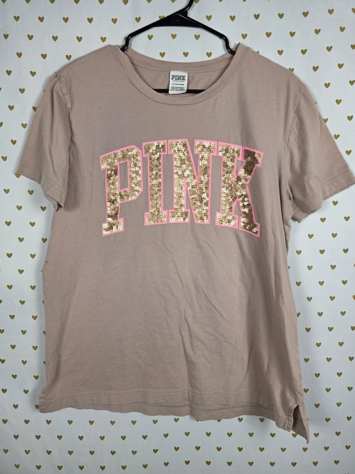 Victorias Secret PINK Beige BLING sequined Pink Outline Logo Tee shirt SMALL