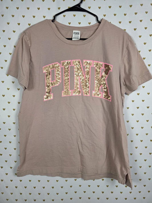 Victorias Secret PINK Beige BLING sequined Pink Outline Logo Tee shirt SMALL