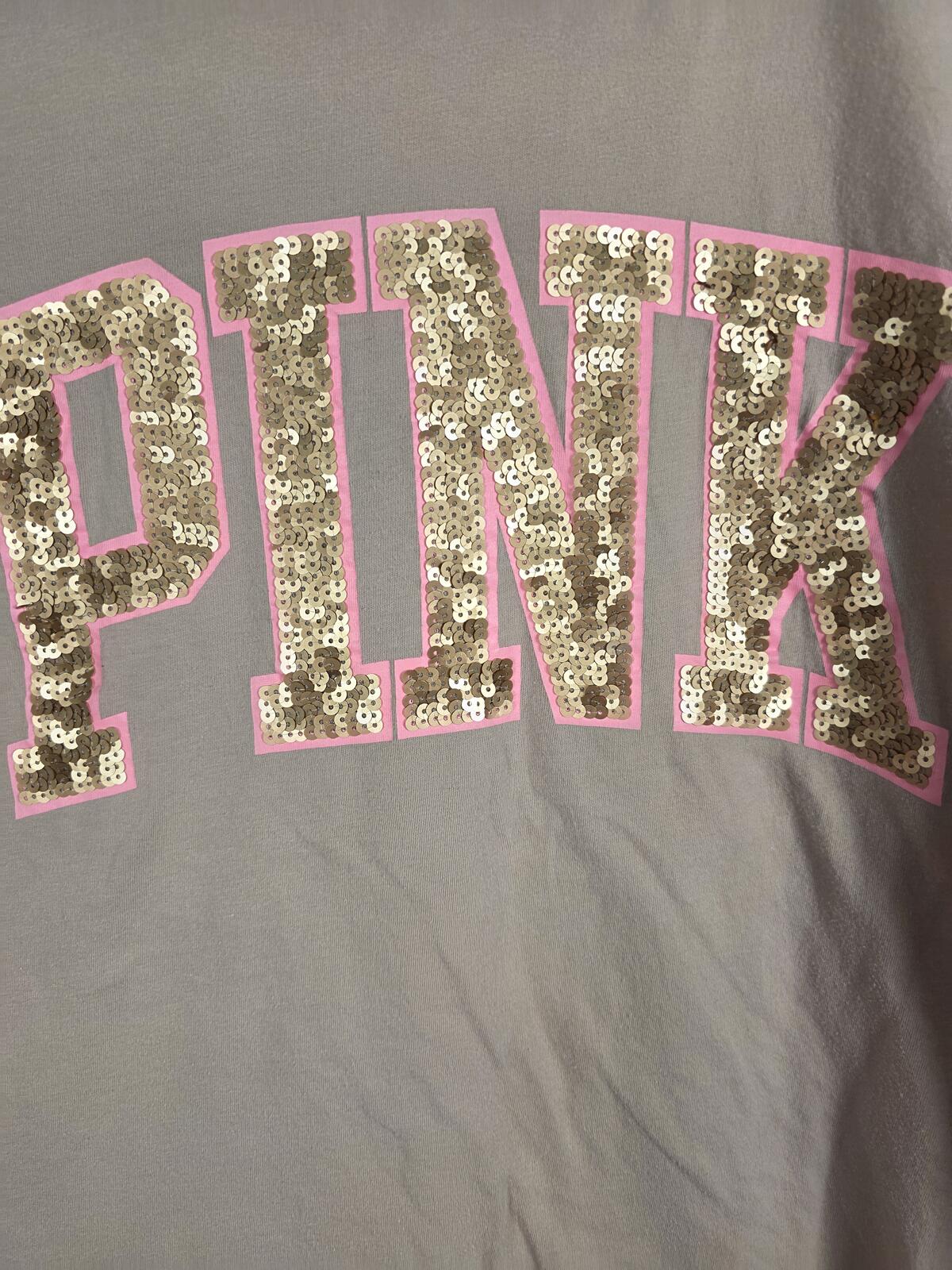 Victorias Secret PINK Beige BLING sequined Pink Outline Logo Tee shirt SMALL