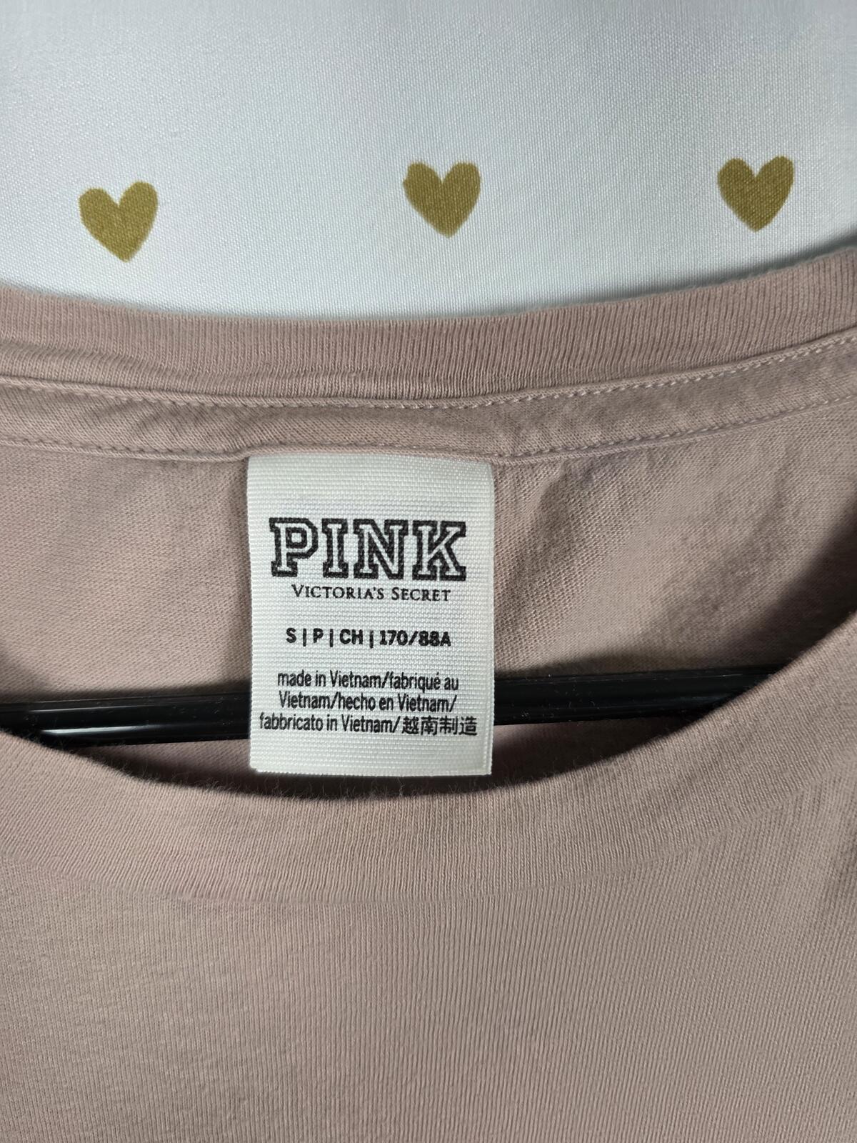 Victorias Secret PINK Beige BLING sequined Pink Outline Logo Tee shirt SMALL