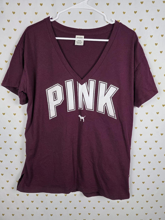 Victorias Secret PINK Red Logo V neck Tee shirt Glitter MEDIUM