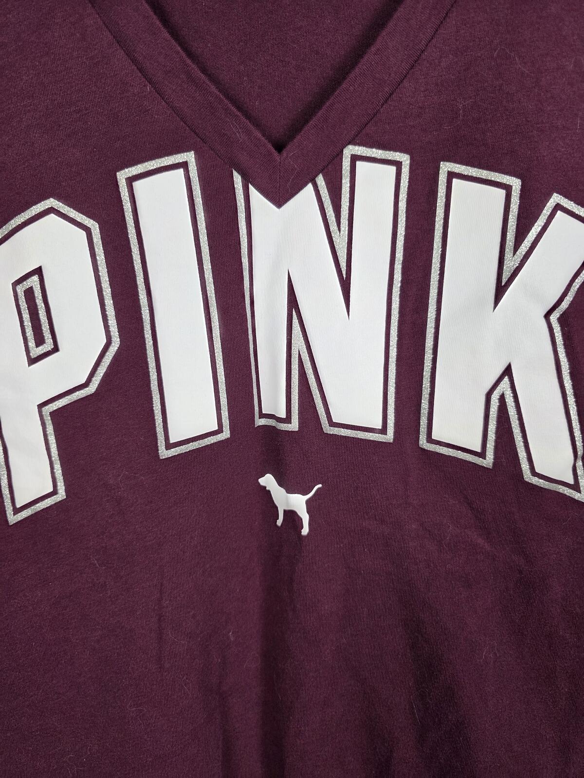 Victorias Secret PINK Red Logo V neck Tee shirt Glitter MEDIUM