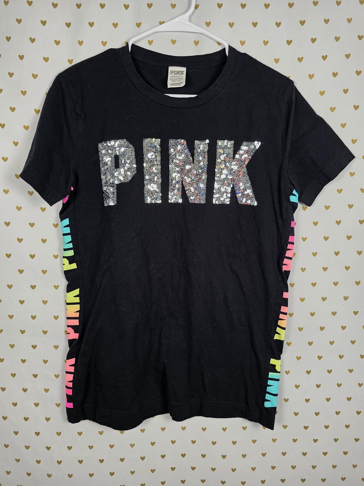 Victorias Secret PINK Rainbow Logo BLING Sequined Tee shirt XS Oversized