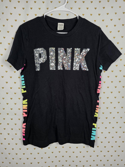 Victorias Secret PINK Rainbow Logo BLING Sequined Tee shirt XS Oversized