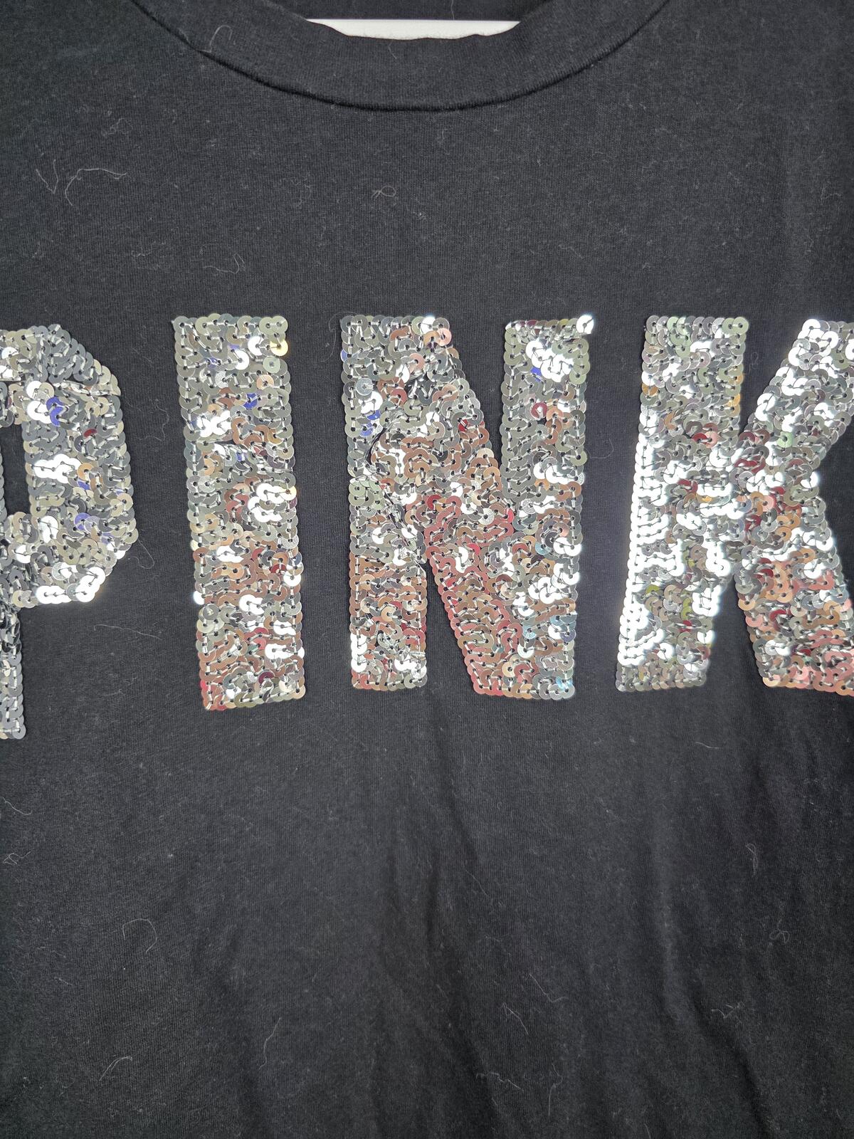 Victorias Secret PINK Rainbow Logo BLING Sequined Tee shirt XS Oversized