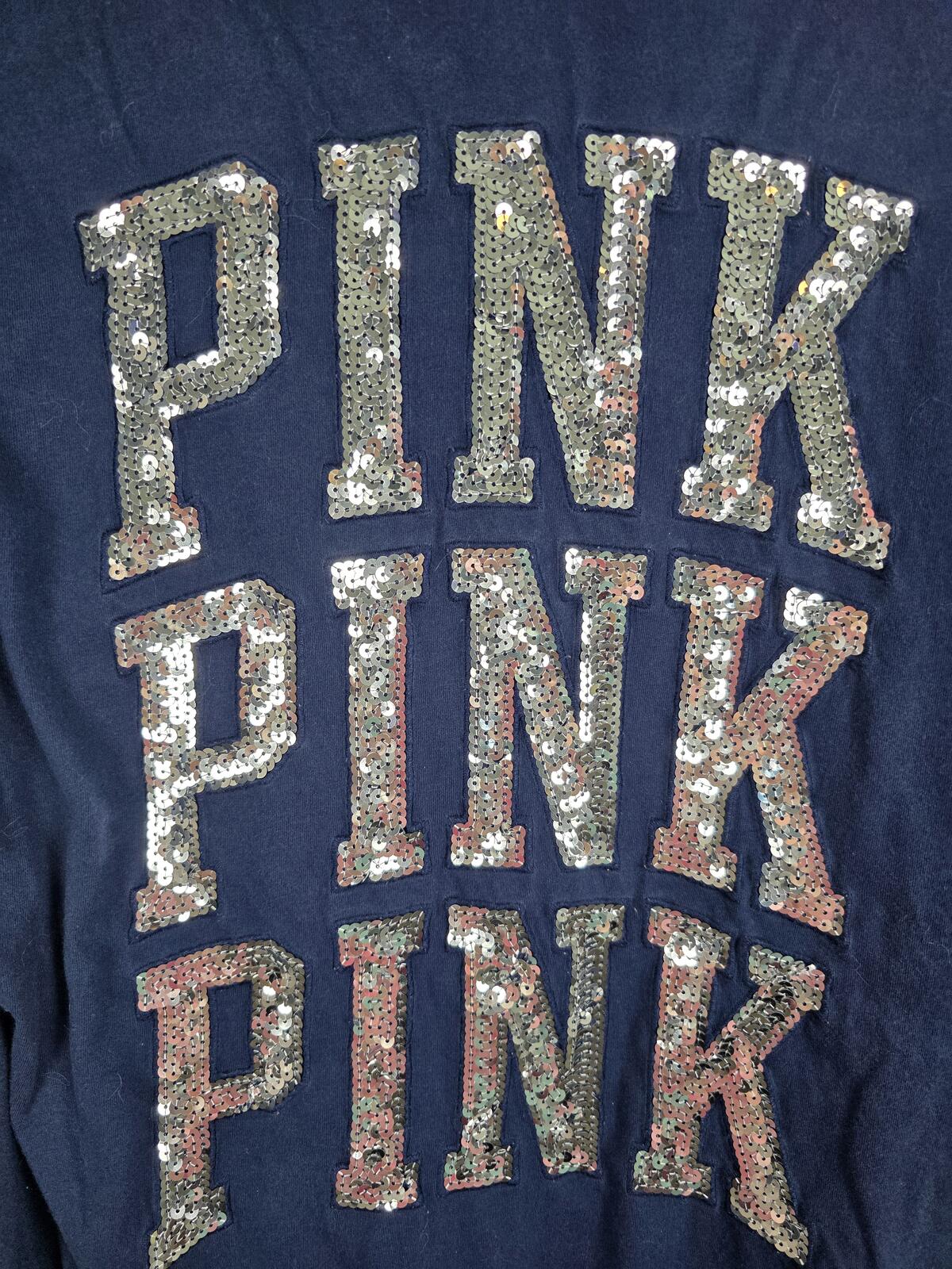 Victorias Secret PINK Blue BLING Sequined Logo Tee shirt SMALL Oversized