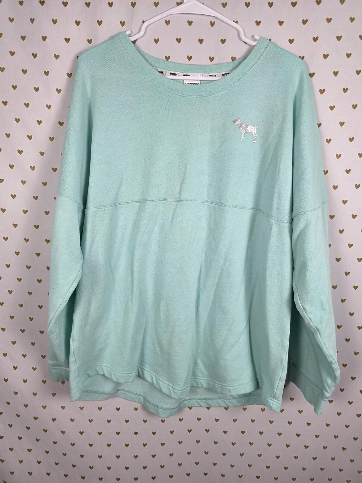Victorias Secret Pink Mint Campus Oversized Sweater Shirt Foil Logo LARGE